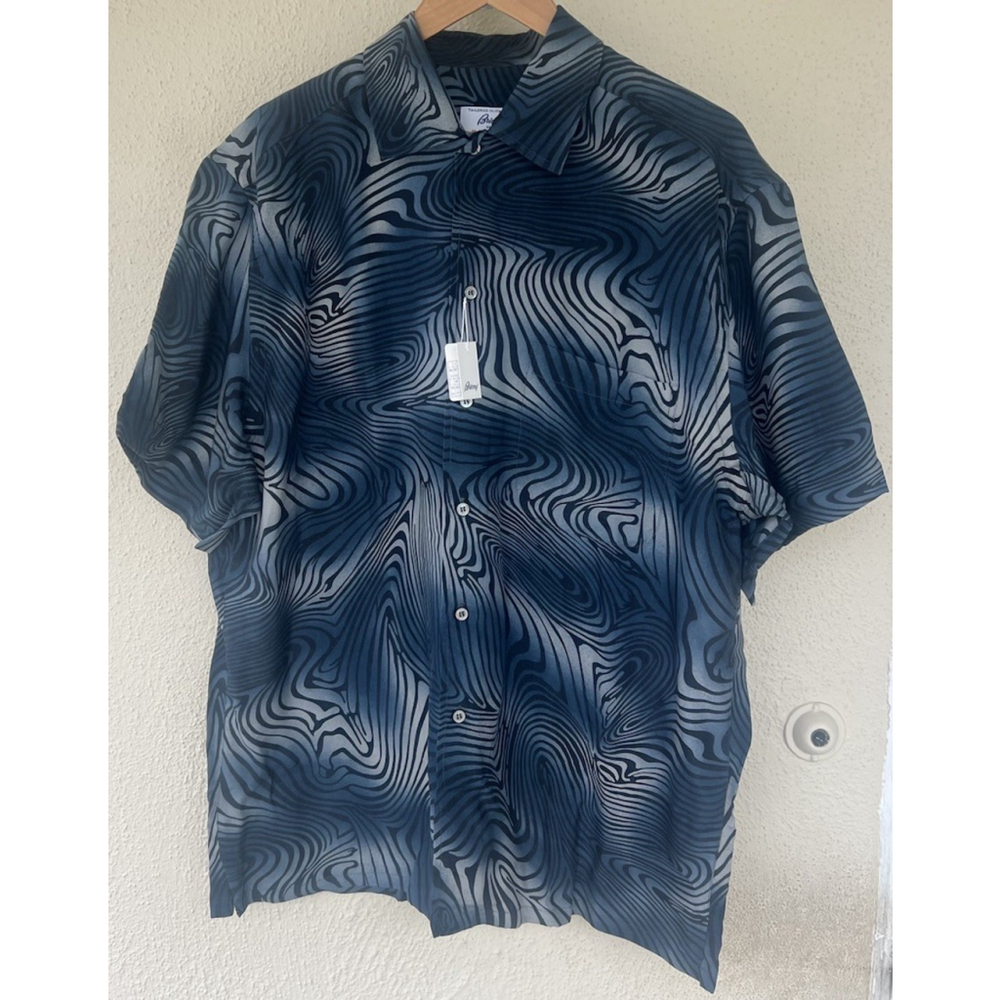 VTG Brioni Navy Blue Tiger Stripe Rayon S/S Men’s Button Front Size Large Italy